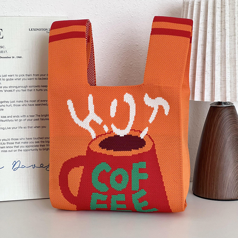 Bolsa de mano de damas nicho diseño de dibujos animados de punto chaleco de punto regalo de mano mochila de hombro al por mayor