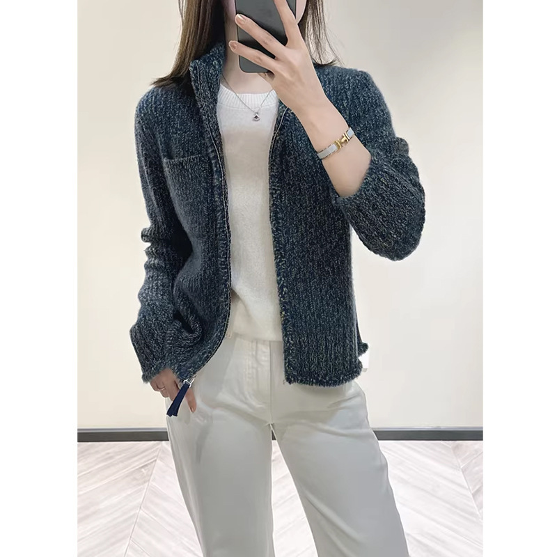 2025 Autumn and Winter New Style Half-High Collar Long-Sleeved Knitted Cardigan for Women, High-End Cashmere Warm Casual Versatile Top