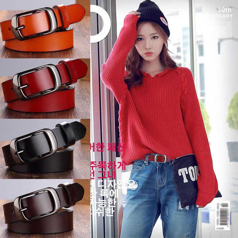 Genuine Cowhide Women's Belt Korean-style Student All-match ins-style Cowhide Pin Buckle Jeans with Decorative Wide Belt for Women