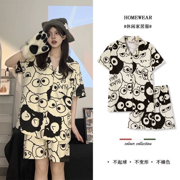 Transfronterizo 180g pijamas de algodón de imitación para mujer rebeca de verano traje de pantalones cortos de manga corta traje de ropa para el hogar de dibujos animados lindo de algodón