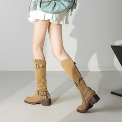 輕奢質感~鞋面靴筒全真皮牛皮！2024新款粗跟5cm側拉鏈四季長靴女