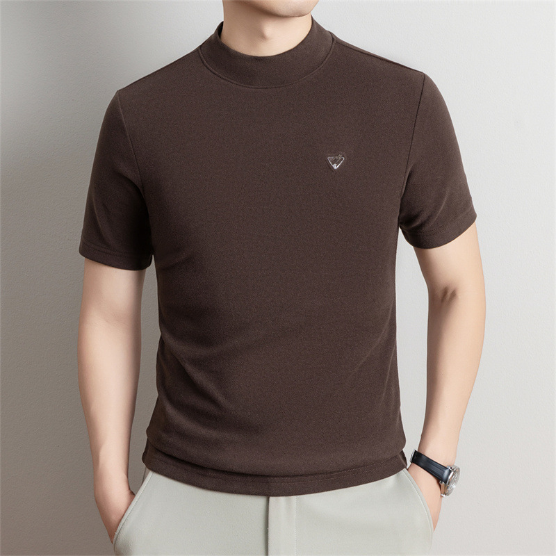 Men's mid-aged fleece round-neck short-sleeve T-shirt, new autumn/winter solid color loose-fit thickened base layer for dads