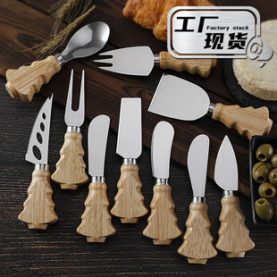 Cross-border Creative Stainless Steel Cheese Knife Cheese Knife in stock Rubber Wood Christmas Tree Handle Buree Knife Cheese Knife Tableware