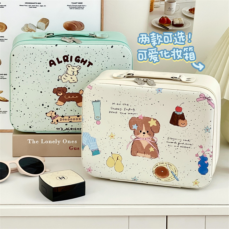 Original lindo cachorro maquillaje nuevo portátil de gran capacidad bolsa de almacenamiento de viaje con espejo bolsa de lavado de mano mujer