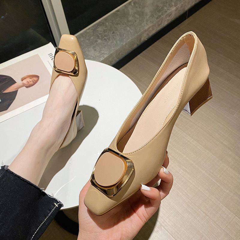Real cowhide mid-heel women's shoes 2023 summer new shallow-mouth thick-heeled square-toed single shoes women's slip-on loafers high-heeled_voghion.com