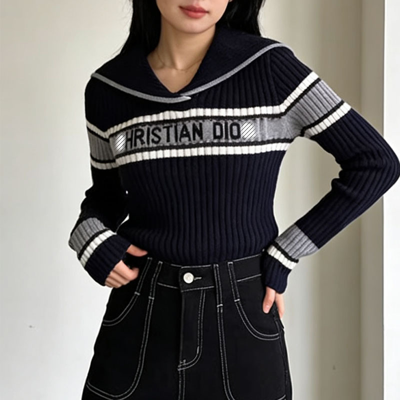 Cross-Border New Style Light Luxury Letter Jacquard Navy Collar Knit Sweater for Women, Color-Blocking Sweater, High-Quality European Women's Clothing Cross-Border New Style Light Luxury Letter Jacquard Navy Collar Knit Sweater for Women, Color-Blocking Sweater, High-Quality European Women's Clothing