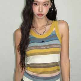 高定潮牌D家新款彩色条纹甜辣性感多巴胺针织背心女外穿内搭上衣