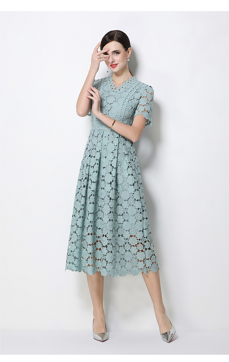 Đầm maxi nữ cổ V ren thắt eo tay ngắn họa tiết rỗng — màu đen, Rượu vang đỏ, màu hồng đậm, màu trắng chi tiết 66