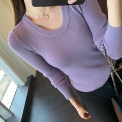 时髦U领 客供羊毛混纺舒适保暖针织毛衣女打底衫秋冬新