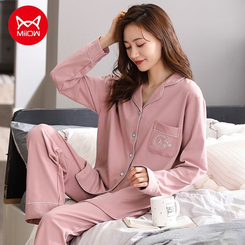 100% algodón primavera y otoño pijamas de manga larga Chaqueta de punto de las mujeres más el tamaño suelto otoño algodón ropa de casa traje