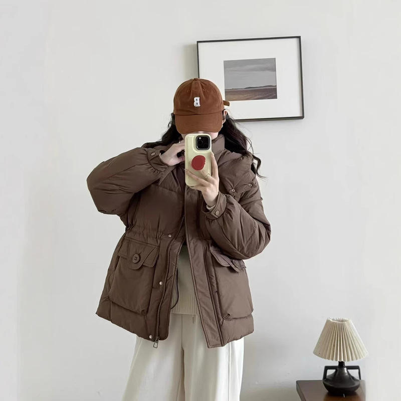 New Korean-Style Trendy Mid-Length down Jacket for Women with Large Pockets, Thick Hooded, Waist-Cinching, Slimming, Women's Outerwear for Cold Protection