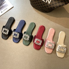 水鑽方扣涼拖鞋女外穿2024夏季新款女鞋網紅一字仙女風半拖鞋
