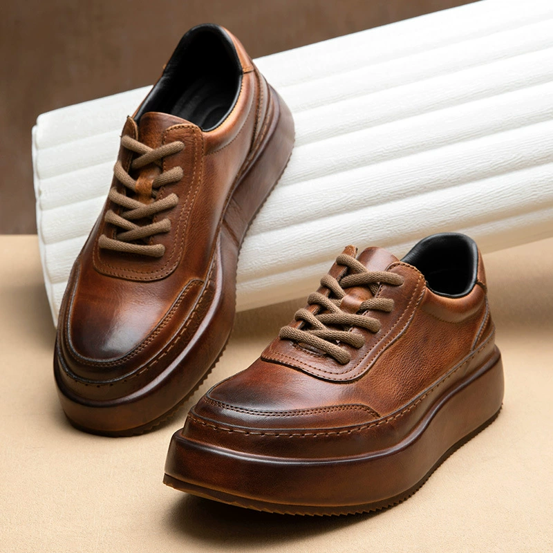 Кондитерская нижняя часть из кожи головы, мужская обувь, прилив, универсальный рост, 2024 новые повседневные кожаные туфли, мужская кожаная толстая подошва ретро