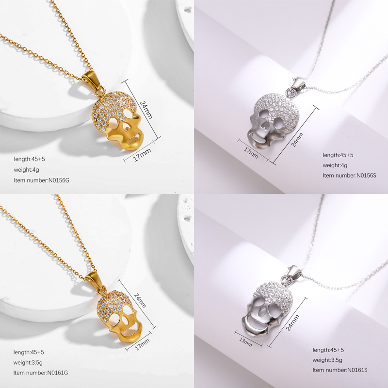 1 Piece Quantity Holiday, Daily Occasion Wholesale Jewelry Funny Cool Style Skull Titanium Steel Zircon 18K Gold Plated Inlay Pendant Necklace