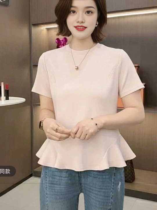 French-Style High-End Sweet Solid Color Ruffle Design Date Outfit Round Neck Regular Shoulder Short-Sleeve T-Shirt for Women Sweet and Spicy Top