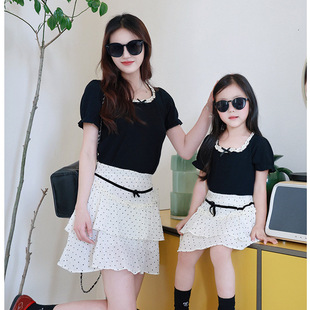 Play Together with Family Clothing, Korean Mother-Daughter Clothing Polka-Dot Cake Skirt with Knitted Lace Top Set, Family Matchinging