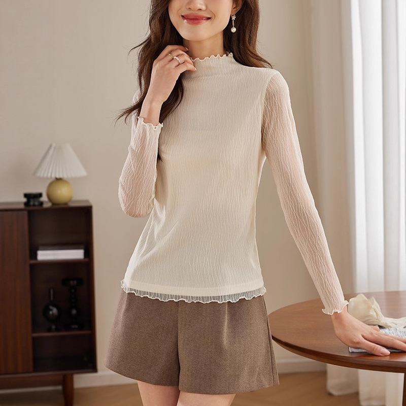 Textured Lace Bottoming Shirt for Women 2025 Autumn New Style Lace Half-High Collar Long-Sleeved T-Shirt Top Textured Lace Bottoming Shirt for Women 2025 Autumn New Style Lace Half-High Collar Long-Sleeved T-Shirt Top