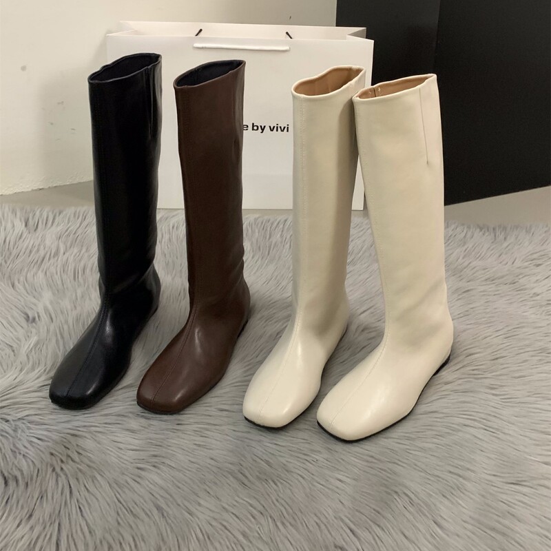 Inner Heightening White Long Knight Boots Women's Boots 2025 Autumn and Winter Fleece-Lined Brown Maillard Slim Mid-Length Boots