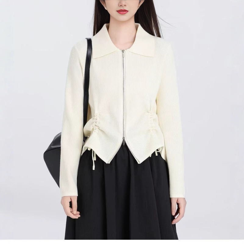 Korean Niche! 2025 Autumn and Winter Designer Pleated Waist Pleated Slim Casual Long-Sleeved Knitted Cardigan for Women