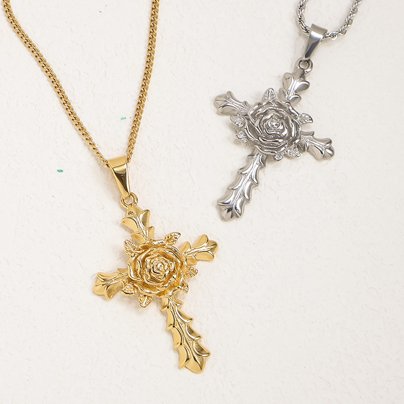 Colgante de cruz de rosa vintage AliExpress no desvanecerse transfronterizo acero de titanio chapado en oro 24K joyas transfronterizas ventas calientes