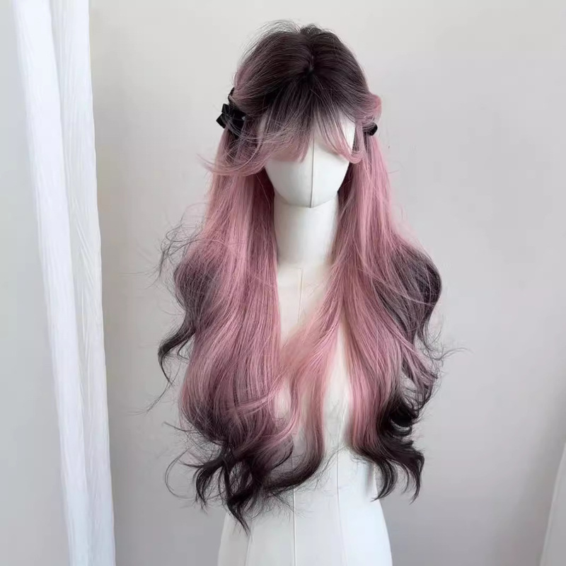 Wig for Female Siamese Cat, Pink Gradient Black, High-Layered Natural Realistic Long Curly Hair Full Wig