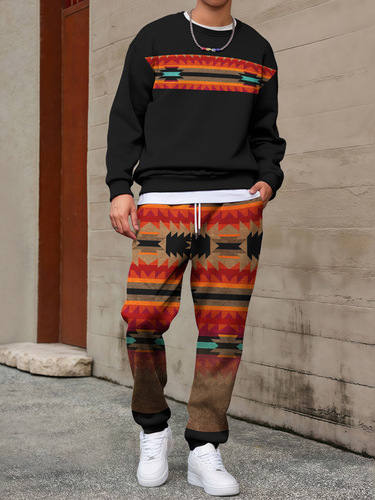 Hot bohemian style independent station cross-border men's fashion brand trend fashionable round collar long-sleeved sweater pants set