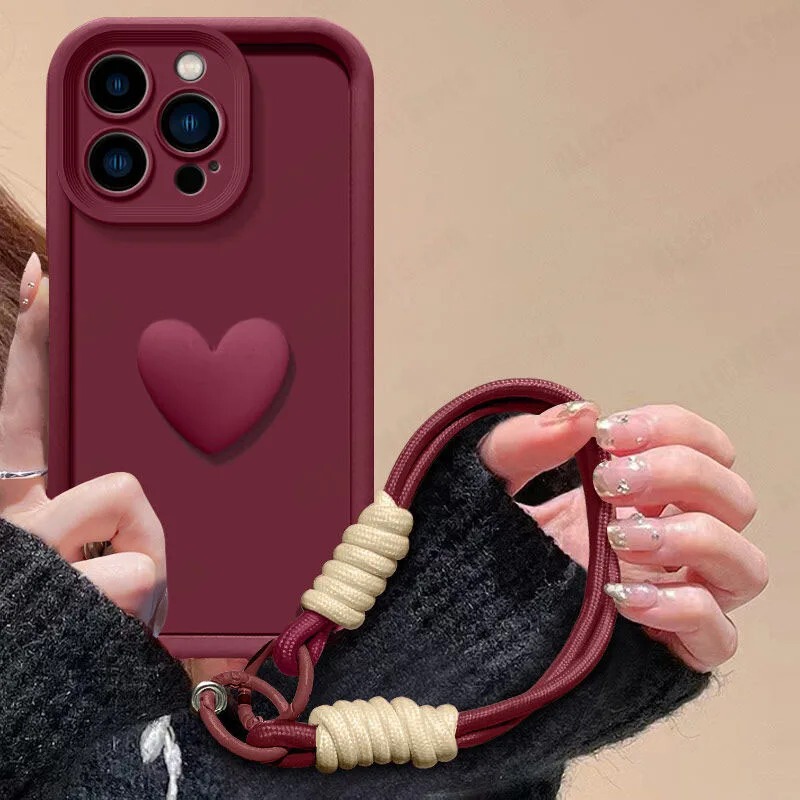 Suitable for Iphone17Promax Stereo Heart Phone Case 16 Apple 15 with Lanyard 14 Simple 11 Soft XS Case
