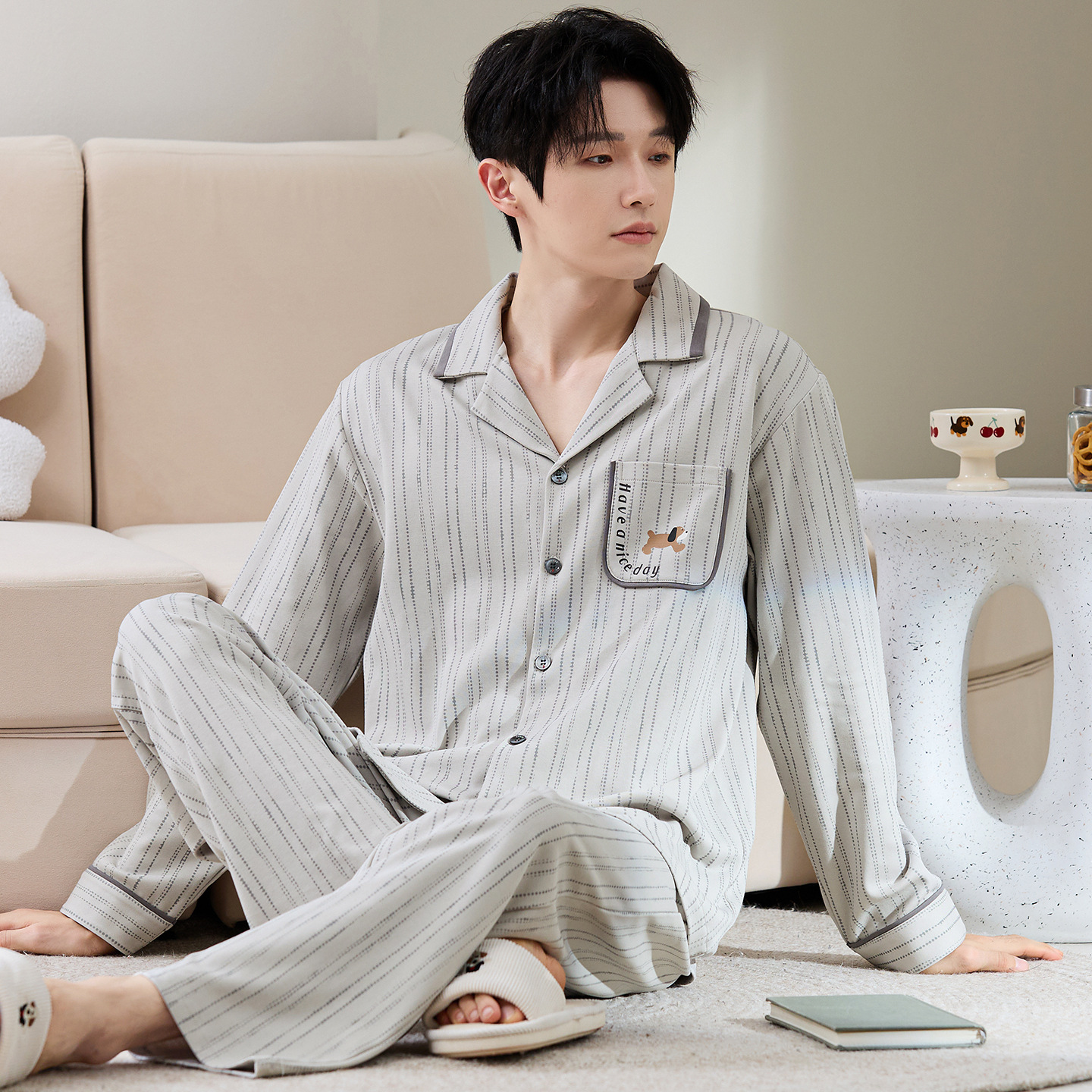 High Quality Autum 100% Cotton Men's Pajamas Long-Sleeved Cardigan Lapel Casual Wearable Home Wear Suit Spring