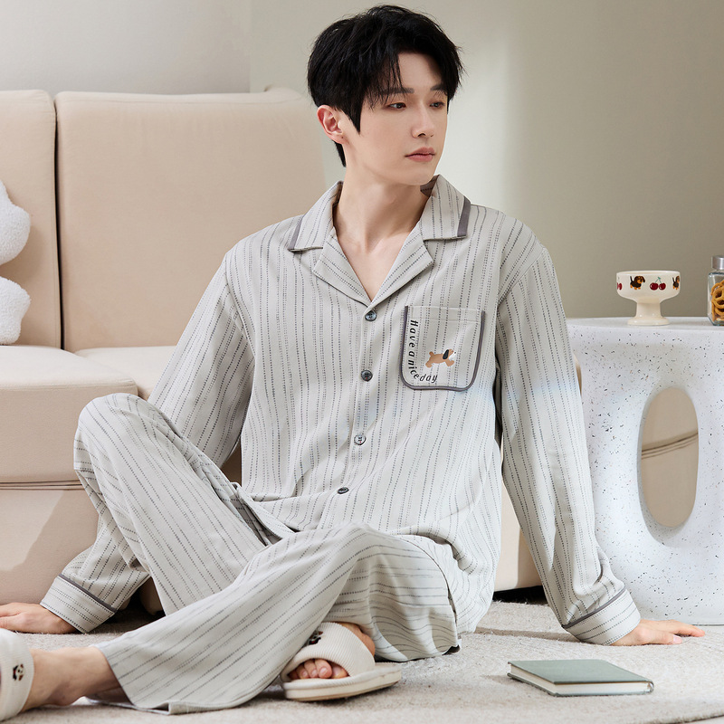 High Quality Autum 100% Cotton Men's Pajamas Long-Sleeved Cardigan Lapel Casual Wearable Home Wear Suit Spring