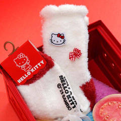 珊瑚绒袜子女中筒袜冬季加厚保暖地板袜可爱hellokitty家居睡眠袜