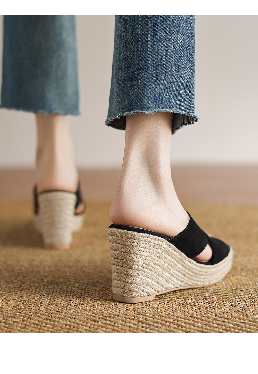 Sandal cao gót nữ quai ngang đế xuồng đan dày — Màu đen chi tiết 16