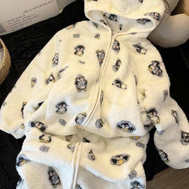 可爱企鹅米粒绒睡衣女秋冬季新款加厚加绒加厚保暖连帽睡衣家居服