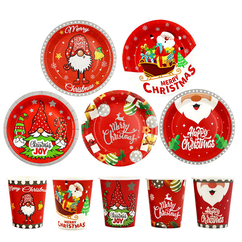 Cross-border hot sale Christmas theme disposable paper cup paper plate suit holiday party decoration supplies factory wholesale