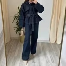 欧美跨境2025春夏女装时尚休闲套装气质优雅腰部绑带收腰翻领套装