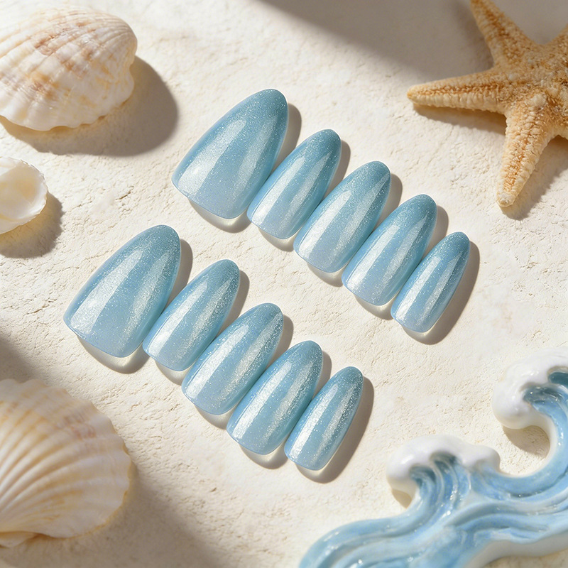 Minimalist Solid Color Short Almond Black Hole Cat Eye Press-On Nails Light Blue Atmospheric Fake Nails Full Set