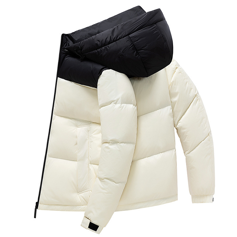 Men's down puffer jacket, winter hooded, trendy, casual, loose fit, versatile, thickened for warmth, short style, color-blocked design