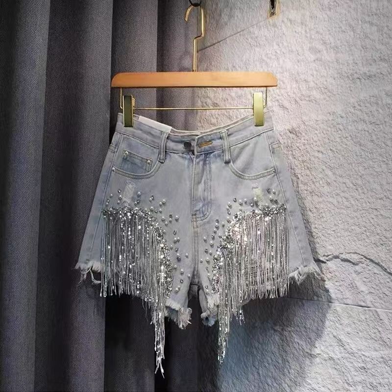 This Year's Trendy Tassel Ripped Denim Shorts for Women, New Summer Style, High-Waisted, Flattering, with Heavy Beading, Hot Pants This Year's Trendy Tassel Ripped Denim Shorts for Women, New Summer Style, High-Waisted, Flattering, with Heavy Beading, Hot Pants