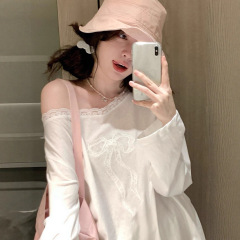 设计感蝴蝶结蕾丝露肩防晒罩衫白色长袖T恤女2025夏纯欲宽松上衣