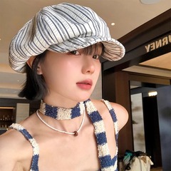 复古条纹褶皱贝雷帽女春夏季小众不规则大头围显脸小防晒画家帽子