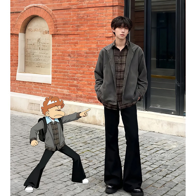 Black Micro-Flared Trousers with Cleanfit Scimitar Trousers for Boys in Autumn and Winter Fleece-Lined Slim Straight Suit Trousers