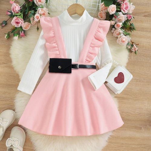 Baoxin Korean style autumn and winter children's clothing Qianjin style knitted bottoming shirt suede suspender skirt waist bag three-piece set for girls