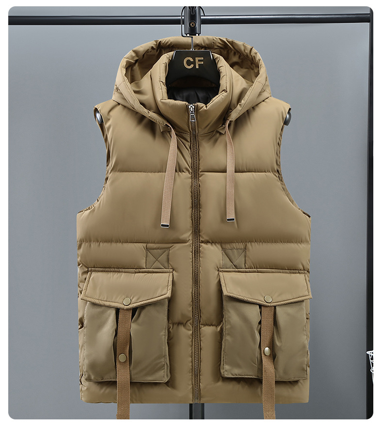 Daunen-Baumwoll-Herbst-Winter-Warmweste, trendige, lässige und vielseitige, abnehmbare Mütze für Herrenweste_voghion.com