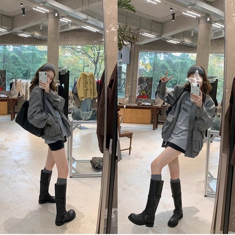 牛皮版~沙丘美学加绒复古双扣2025新款中高筒西部长靴女骑士靴冬|undefined