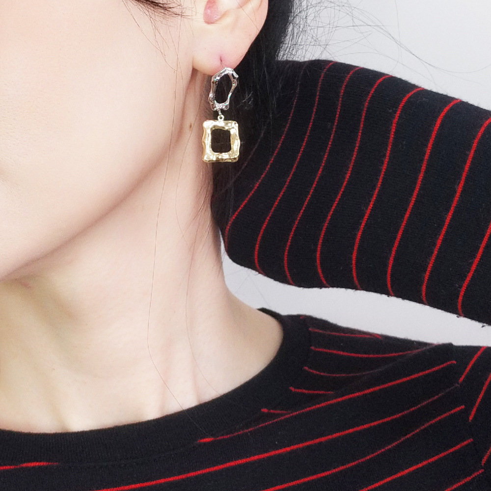 韩版韩式明星同款双色金耳钉个性简约百搭几何图案925银针耳环女