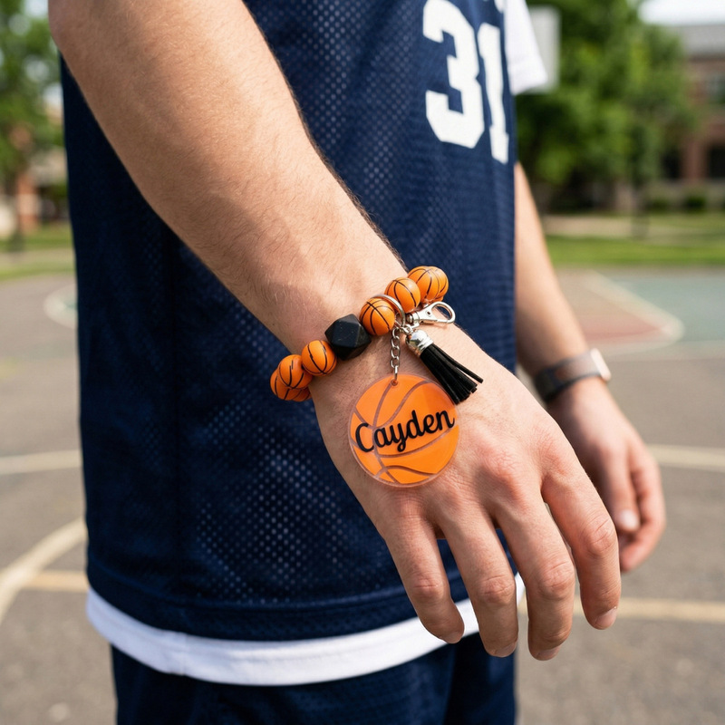 Personalized Sports Print Wristband Wooden Bead Bracelet Keychain Backpack Pendant
