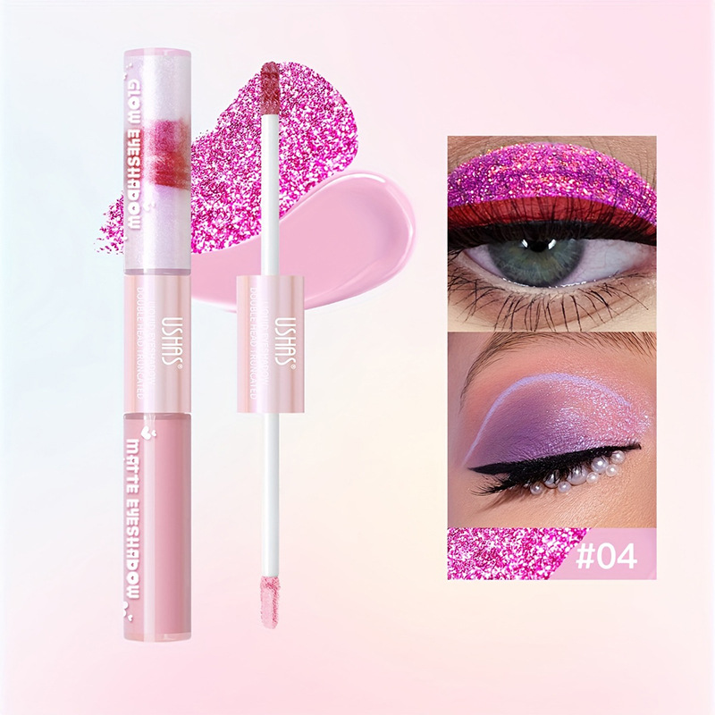 USHAS Sombra de ojos de doble cabeza de punto transfronterizo europeo y americano, brillo fino, sombra de ojos líquida impermeable de gusano de seda de alto brillo LG2591