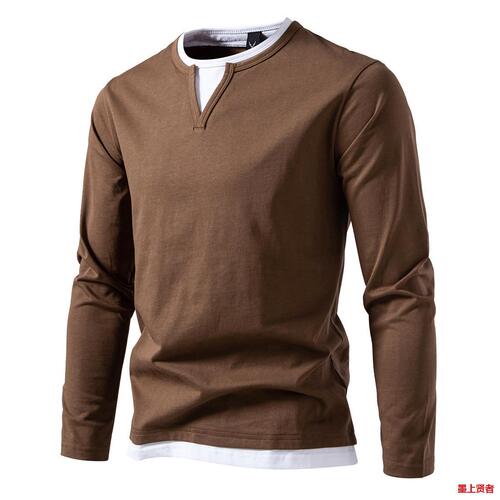 Men's T-shirt fake two-piece double-layer V-neck autumn and winter fashionable splicing large size bottomed shirt Men's long-sleeved T-shirt