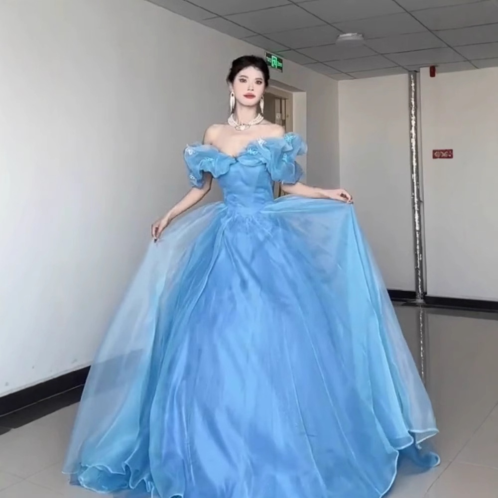 Blue off-shoulder tutu dress evening dress princess dress at large birthday party adult ceremony art test host dress