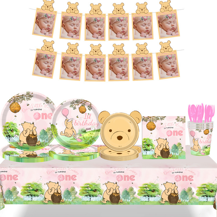 Winnie the Pooh One Year Old Girl Pink Party Tableware Party Supplies Party Paper Plate Theme Party Set Tablecloth