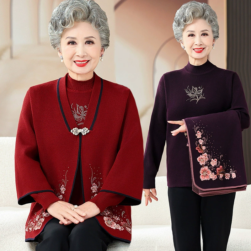 Пожилая мама осенний костюм из двух частей бабушка натальный год красный свитер кардиган весной и осенью свадебная одежда свекрови